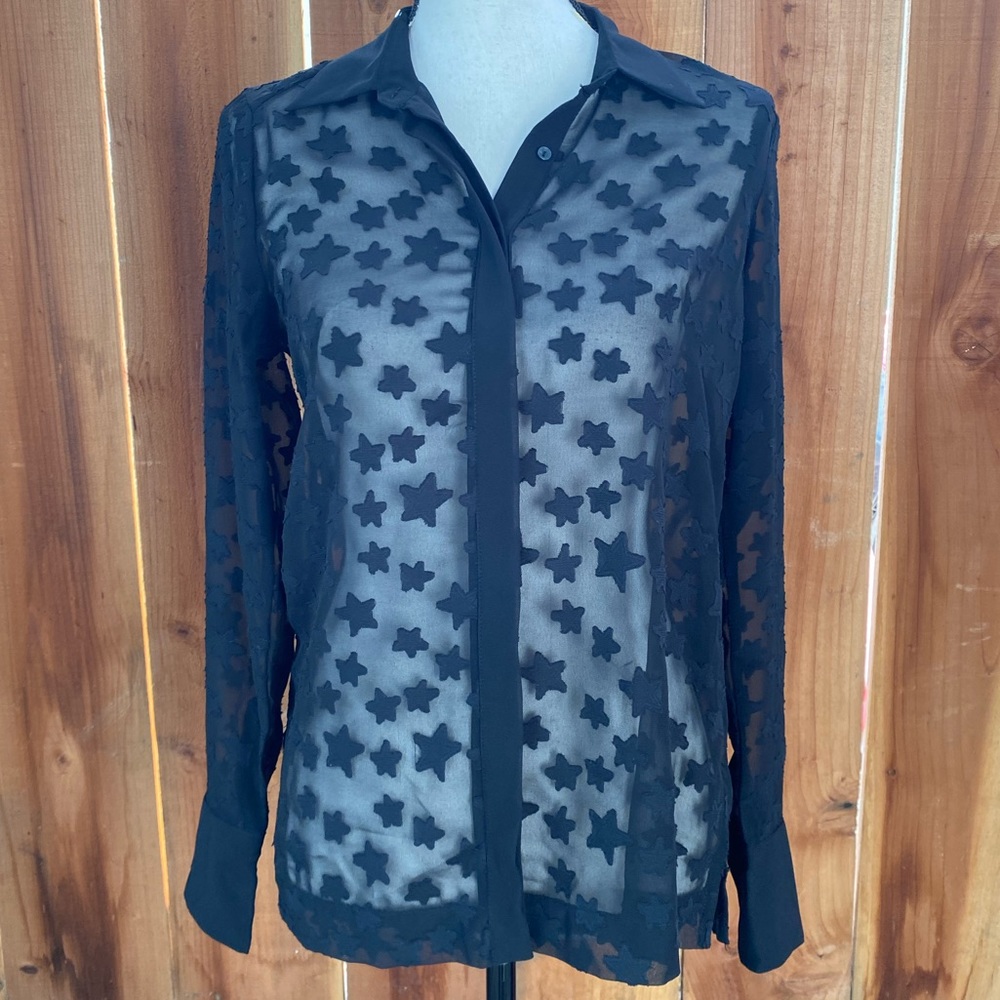 H&M Black Sheer Star Appliqué Button-Down Blouse